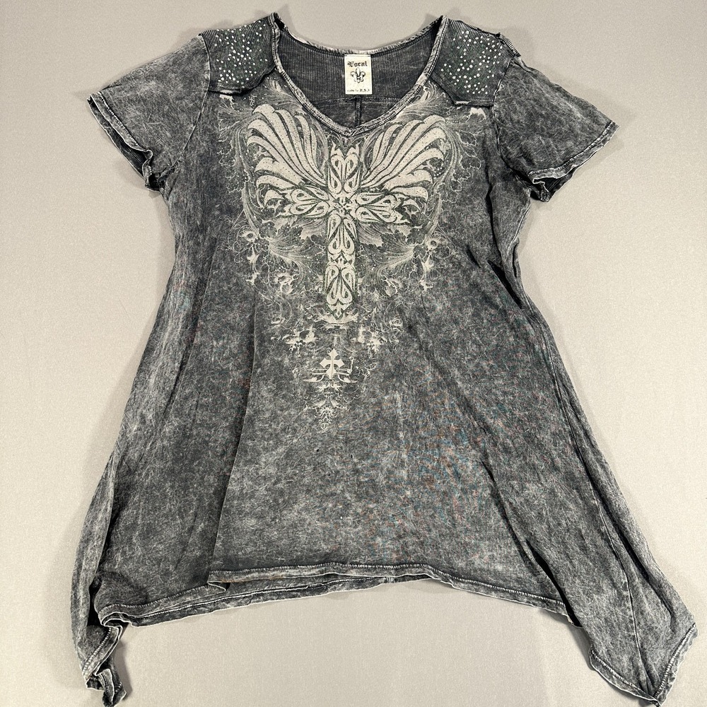 Vocal Cross Graphic Tunic Top Women's 1XL Gray‎ Rhinestone Studded Shirt